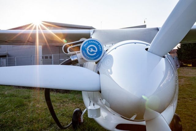 Recharging the batteries using Pipistrel's stations with standard receptacles takes anywhere from around 60-90 minutes. Photo courtesy of Pipistrel.