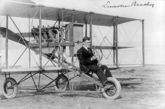 A Curtiss Pusher, flown here by famed pilot Lincoln Beachy