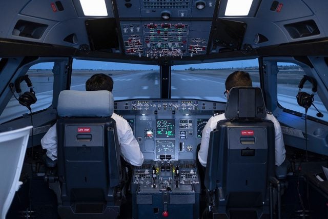 A view of pilots in the cockpit.