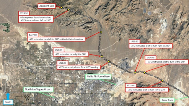 A graphic showing the route of the accident airplane, a Cirrus SR-22, as it flew unintentionally into high terrain, with fatal results.