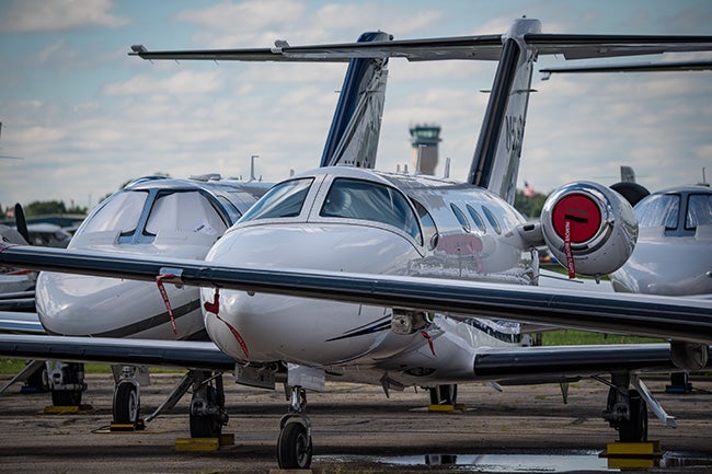Corporate jets on the ramp.