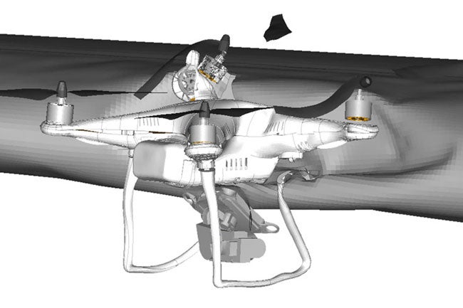 Quadcopter wing impact model from the ASSURE drone collision study