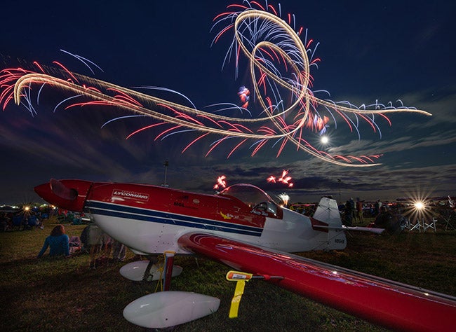 A long exposure captures the drama of the aerial display.