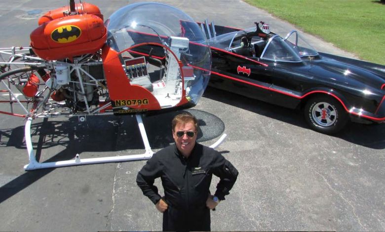 Eugene Nock with the original Batcopter and Batmobile.