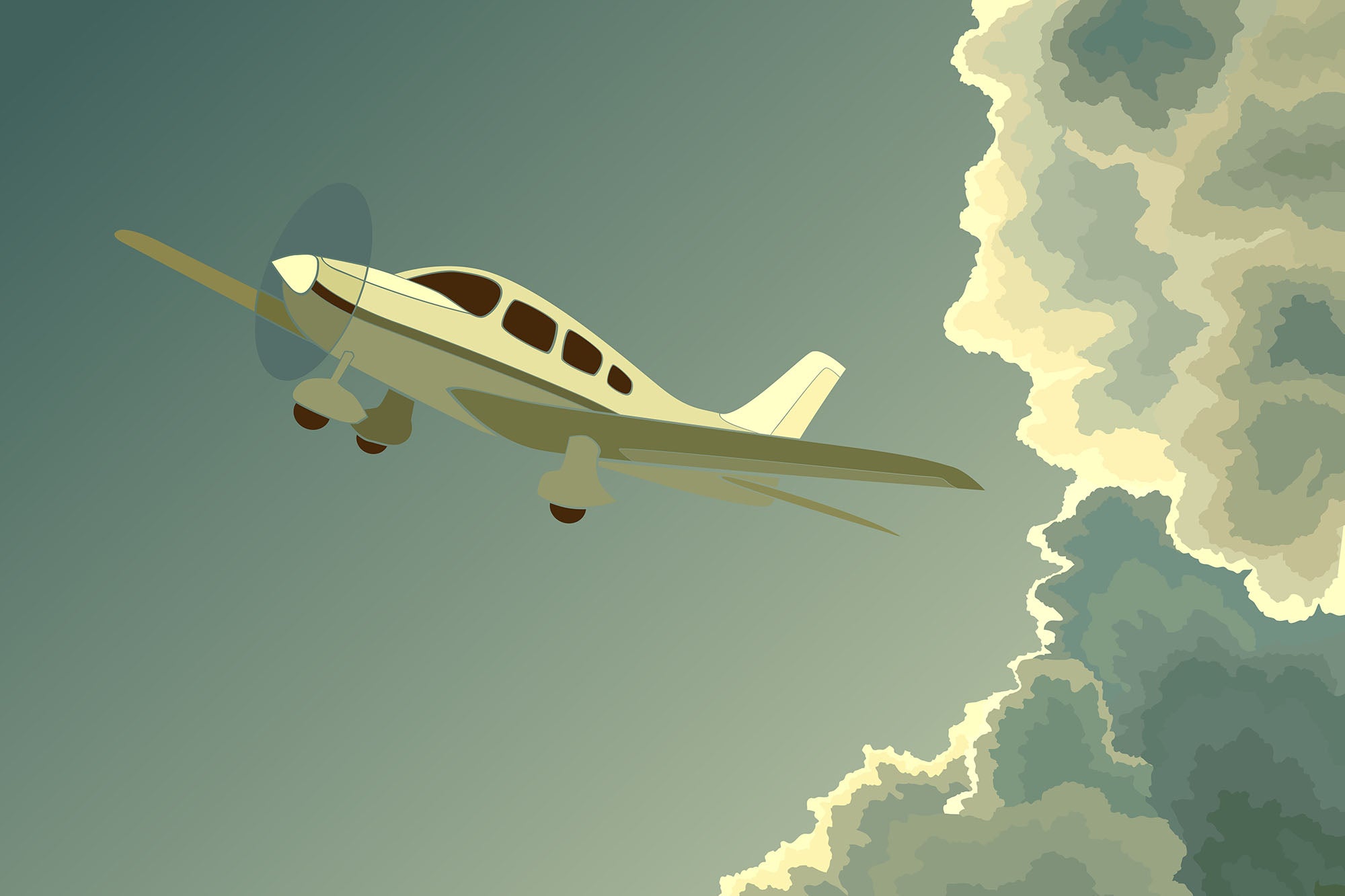 Plane flying out of clouds