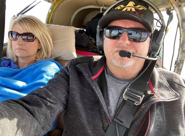 Dennis Pruitt and his wife Karen flying.