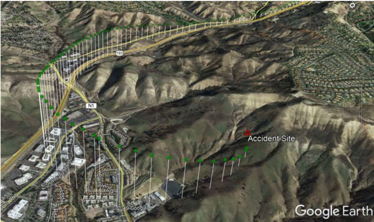 Zoomed in depiction of ADS-B returns of last 1 minute of flight.
