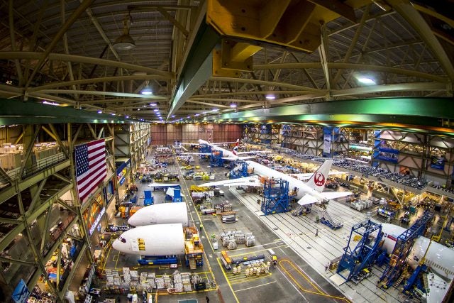 Boeing's Everett, Washington, 777 factory before production was suspended earlier this week in the wake of the coronavirus epidemic. Photo courtesy of Boeing.