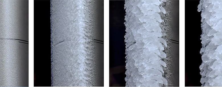 Stills from NASA showing the accretion of ice on the landing edge of a plane wing.
