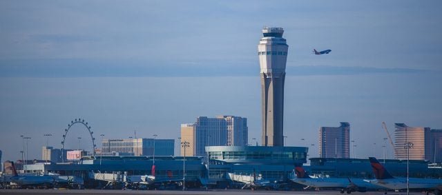 A recent photo of the air traffic control tower at McCarran International Airport in Las Vegas, Nevada, where the FAA TRACON had personnel who tested positive for the coronavirus, one of at least 30 FAA ATC facilities so affected. 