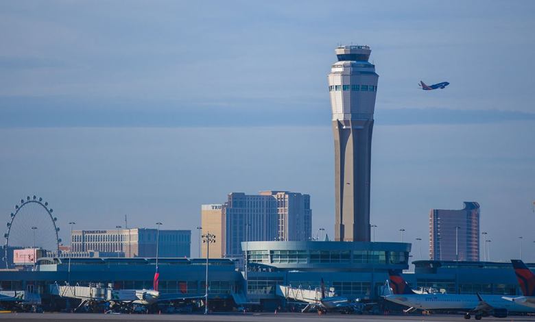 A recent photo of the air traffic control tower at McCarran International Airport in Las Vegas, Nevada, where the FAA TRACON had personnel who tested positive for the coronavirus, one of at least 30 FAA ATC facilities so affected.