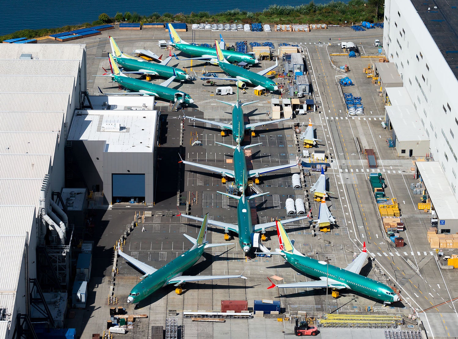 Boeing 737 Max and NG planes at Boeing headquarters.