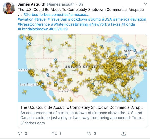 James Asquith's tweet about a possible National Airspace Shutdown