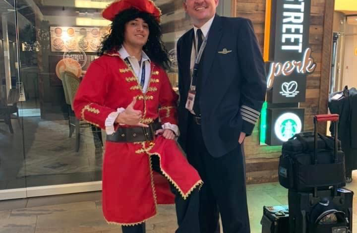 A pilot dressed as Captain Morgan on his company's last day.