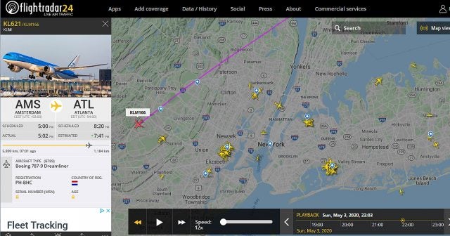 A screenshot from flightradar24 showing KLM flight KL 621
