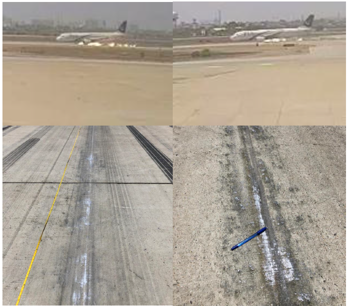 CCTV screen capture images and photographs of the gear up landing damage to the runway from the preliminary report.
