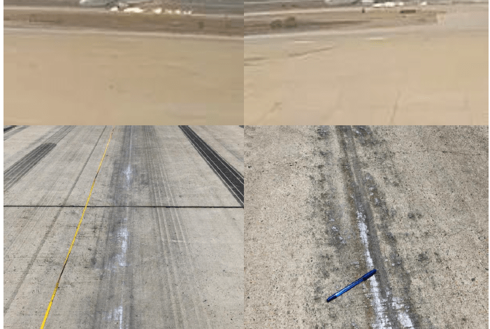 CCTV screen capture images and photographs of the gear up landing damage to the runway from the preliminary report.