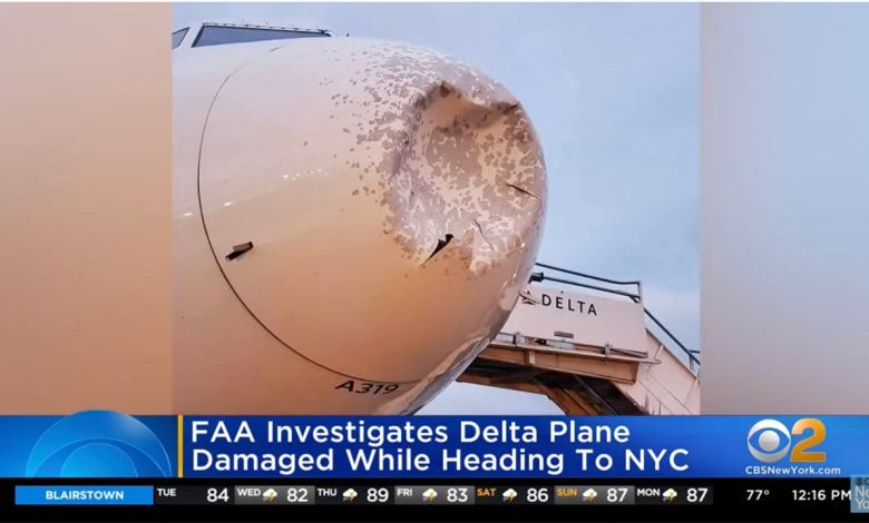 A screenshot of CBS New York's coverage of the damaged Delta Airlines Airbus A319.