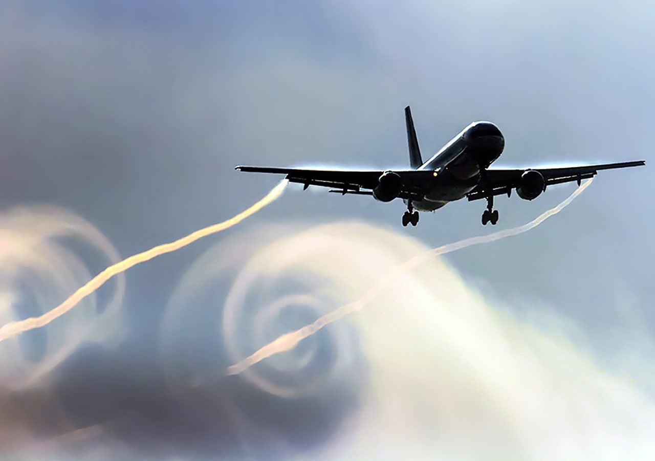 This photograph of a jet in landing configuration shows how at high angles of attack, the wing-tip vortices can be dramatic. While they're usually largely invisible, the danger isn't mitigated by that fact.