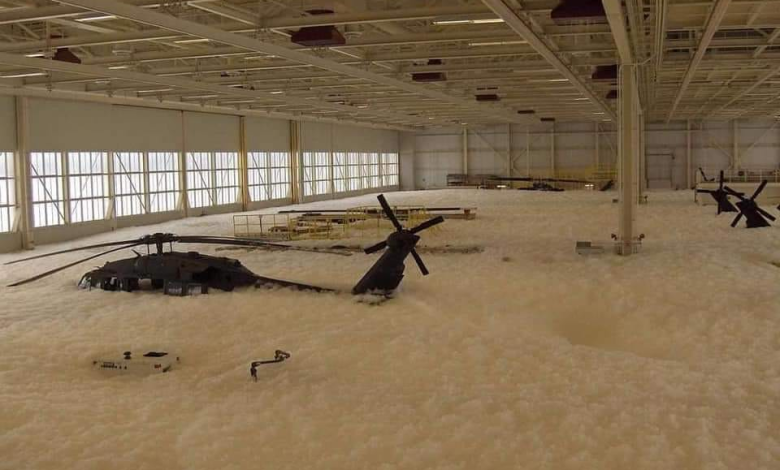 Blackhawk helicopters covered in fire retardant foam. Photo courtesy of Reddit