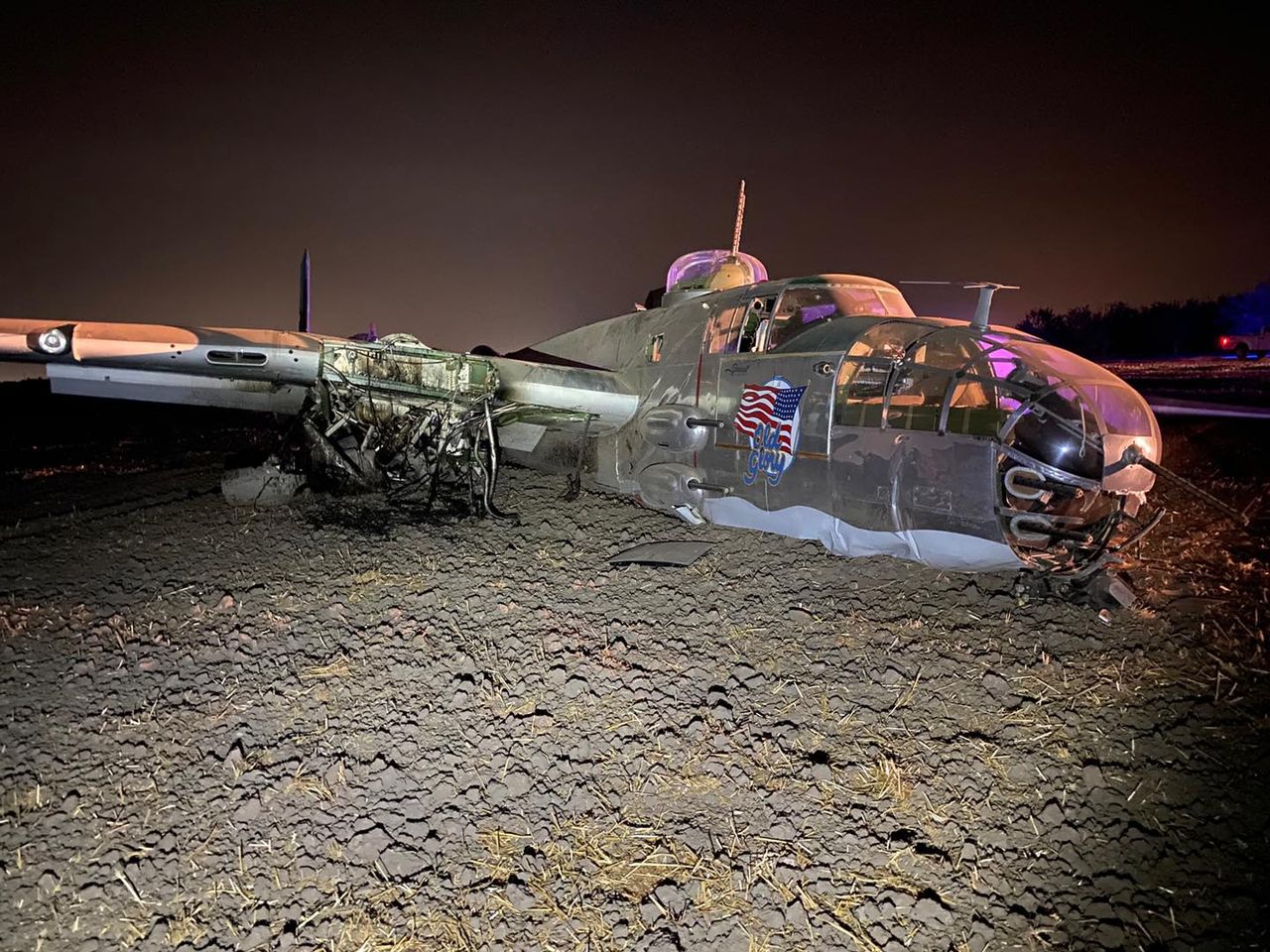 The B-25 flying as Old Glory crashed in California. Photo courtesy of San Joaquin County Sheriff's Office