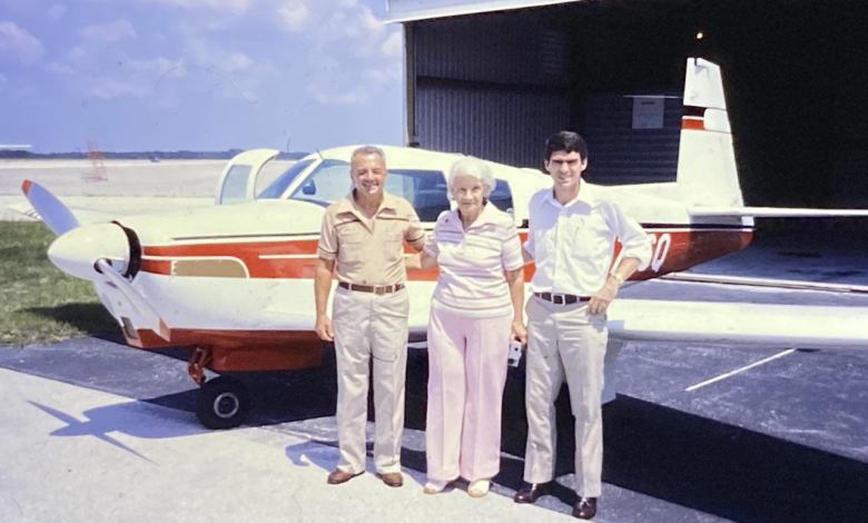 Jeremy King's late friend Chris Smisson at right, with Roswell and Maude Mathis back in 1980 when they sold Smisson their beloved Mooney. The Mathises' son, Paul Mathis, saw a photo of his parents in our September 2019 issue and reached out to King.