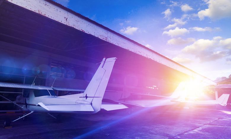 Flight training plane in a hangar