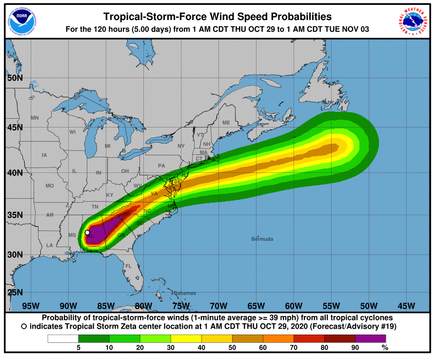 Hurricane Zeta projected path