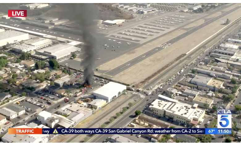 A screencapture of news coverage of a plane crash short of Whiteman Airport.