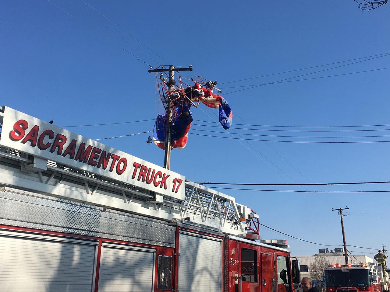 Santa caught in power lines. Photo courtesy of CHP -- North Sacramento