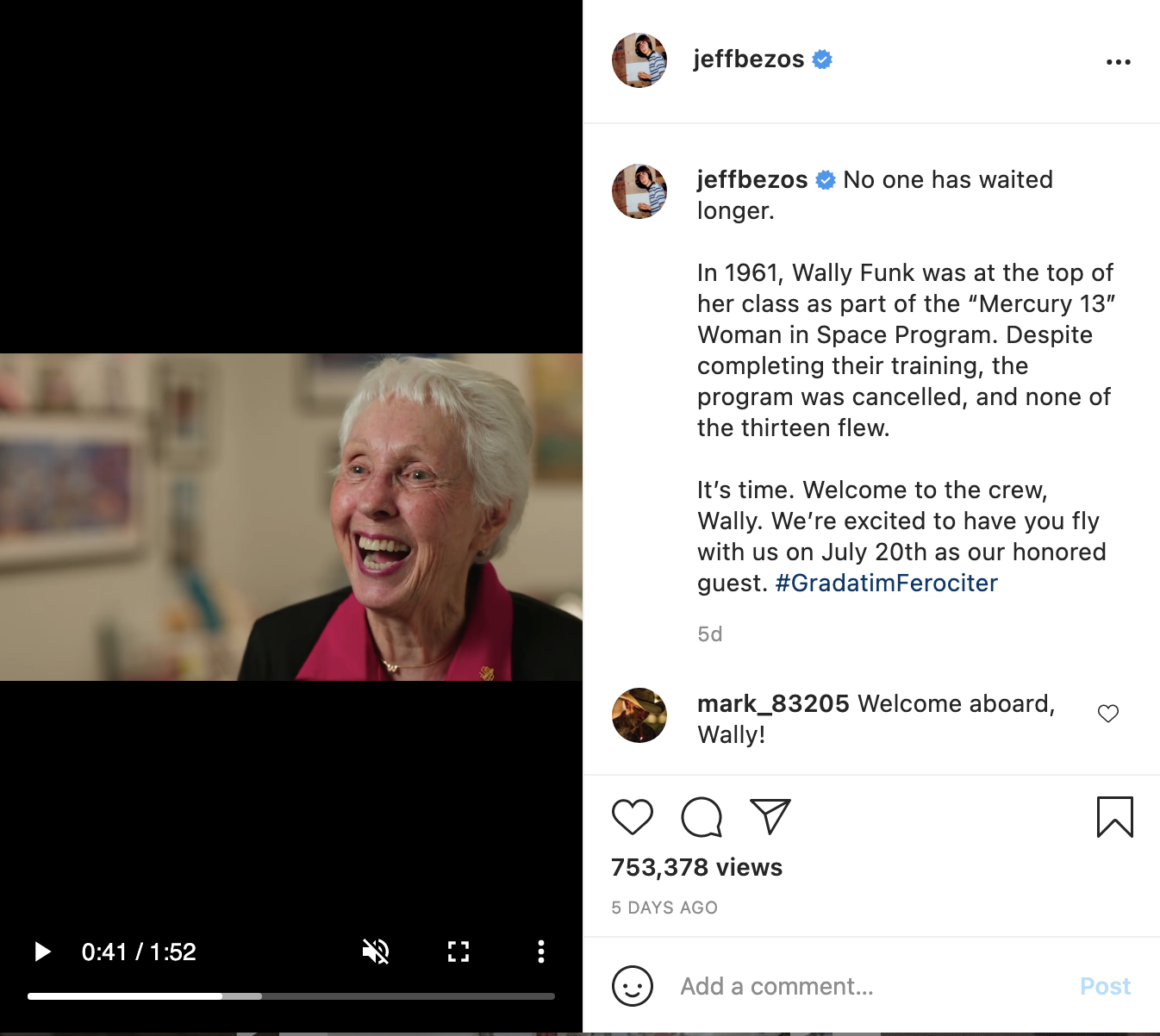 Jeff Bezos offered a seat aboard his company’s rocket ship to original Mercury 13 member Wally Funk. On July 20, 2021, she will go to space.
