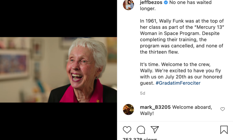 Jeff Bezos offered a seat aboard his company’s rocket ship to original Mercury 13 member Wally Funk. On July 20, 2021, she will go to space.