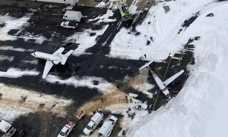 Video footage shows a Pilatus PC-12 crash into a Hawker jet while on the ground.