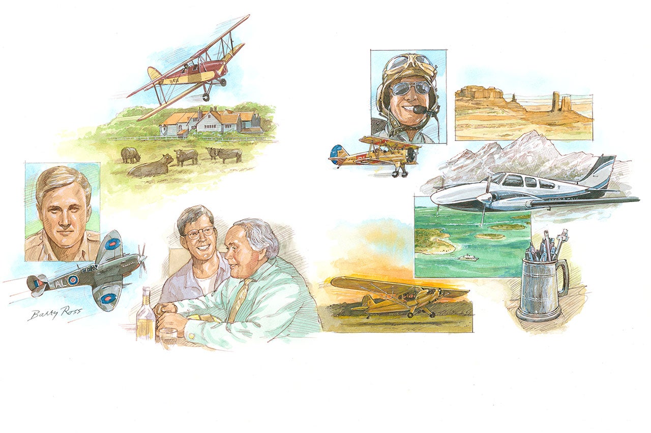 An artist's depictions of C.K. Lee with his mentor former Spitfire pilot Michael ’Dicky’ Reid.