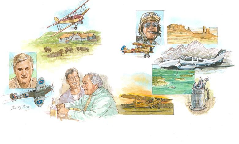 An artist's depictions of C.K. Lee with his mentor former Spitfire pilot Michael ’Dicky’ Reid.