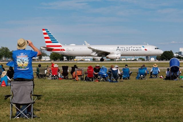 American Airlines Airbus 321 taxis out for takeoff during the air show Tuesday.