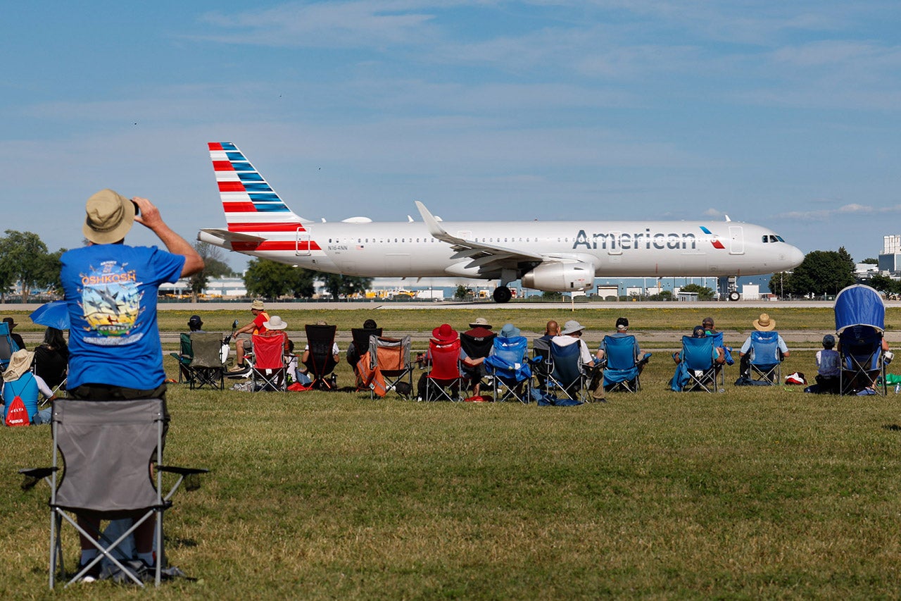 American Airlines Airbus 321 taxis out for takeoff during the air show Tuesday.