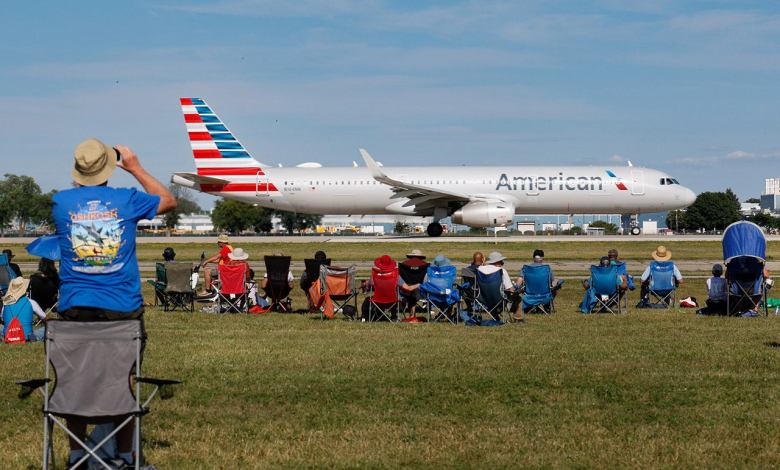 American Airlines Airbus 321 taxis out for takeoff during the air show Tuesday.