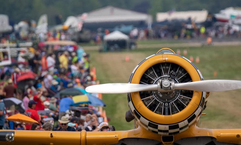 Checkerboard cowling North American AT-6 with showgoers