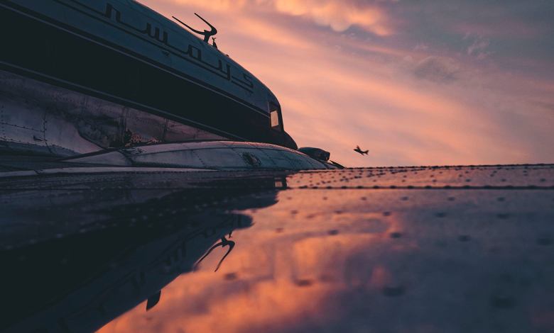 Night sky reflects off of a DC-3
