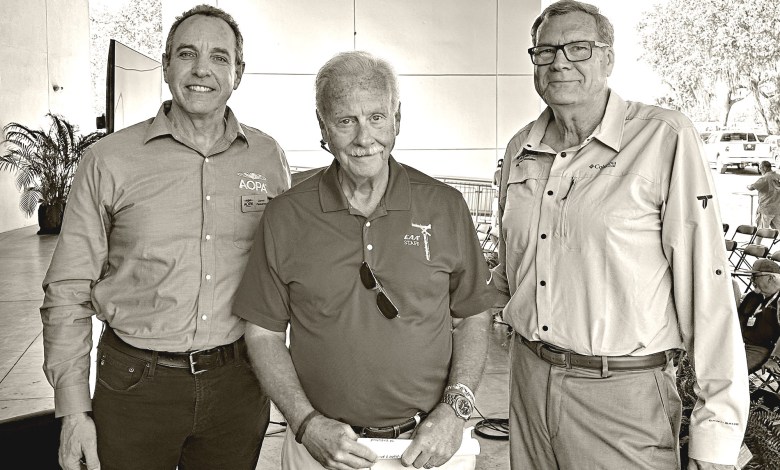 Darren Pleasance (from left), Jack Pelton, and Scott Severen pose after the MOSAIC presentation at Sun ’n Fun.