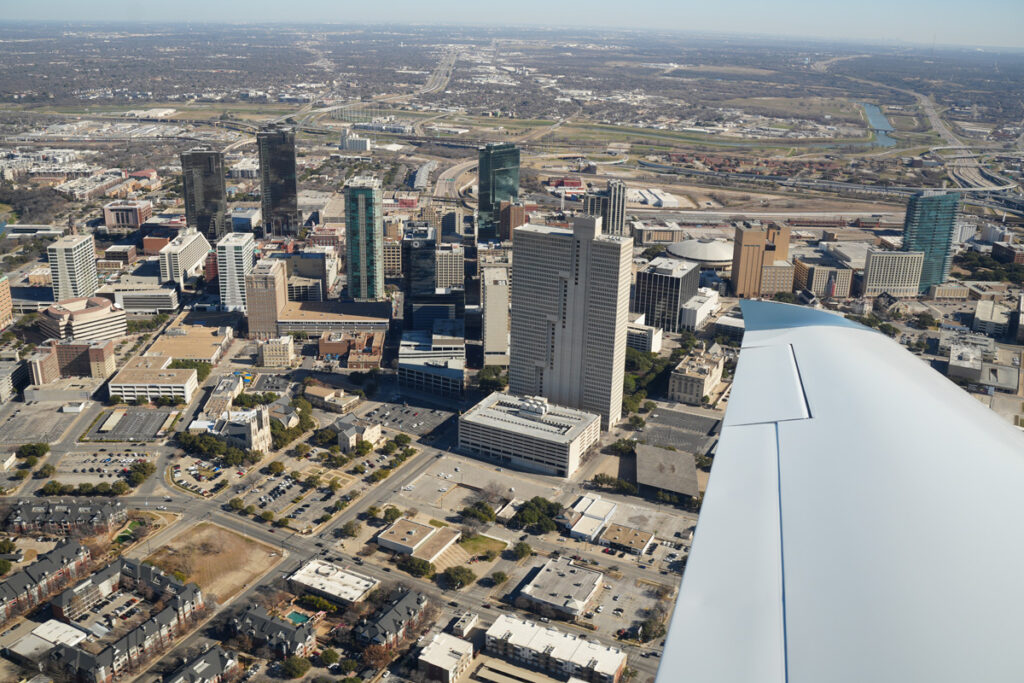 The Fort Worth skyline as seen from a Cirrus SR20. [Credit: Cayla McLeod]