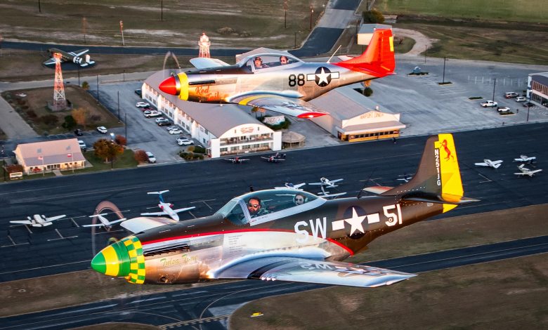 ScaleWings’ SW-51 Mustangs power their way over Gillespie County Airport in Fredericksburg, Texas. [Credit: Glenn Watson]
