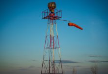 The old beacon at Sugar Ridge Airport (WS62) in Wisconsin basks in the twilight.