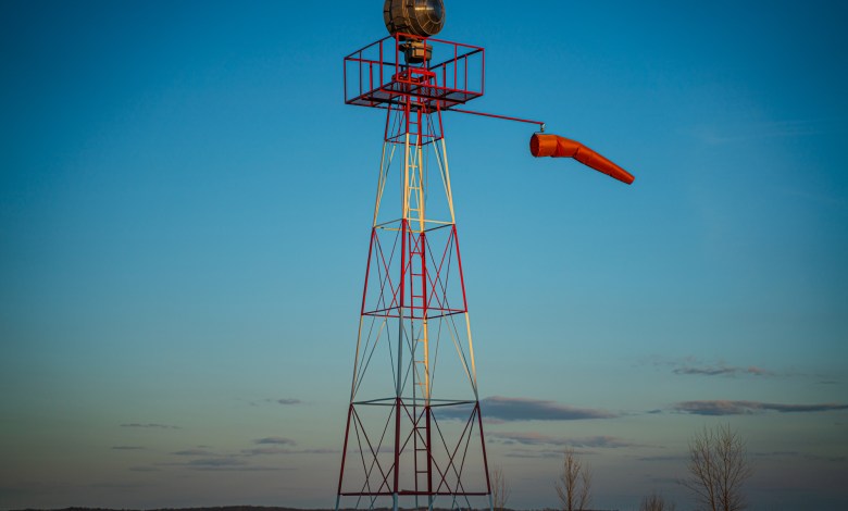 The old beacon at Sugar Ridge Airport (WS62) in Wisconsin basks in the twilight.