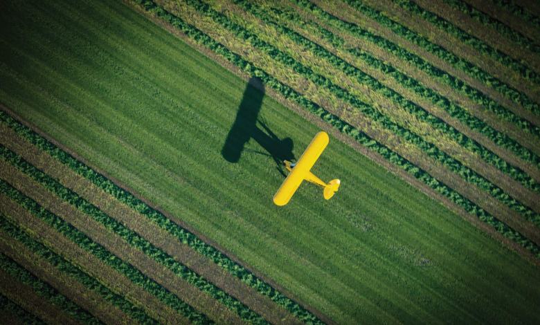 A J-3 Cub enjoys a grass strip among a field of crops in Wisconsin. [Credit: Jim Stevenson]