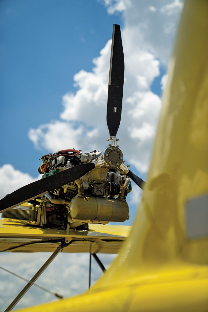 Set of Rotax 912 ULS engines and two Warp Drive carbon-fiber propellers slingshot the AirCam into the sky. [Credit: Jon Whittle]
