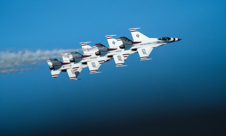 The U.S Air Force Thunderbirds take to the skies over Lakeland, Florida, during Sun ‘n Fun. [Credit: Jon Whittle]