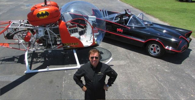 Eugene Nock with the original Batcopter and Batmobile.