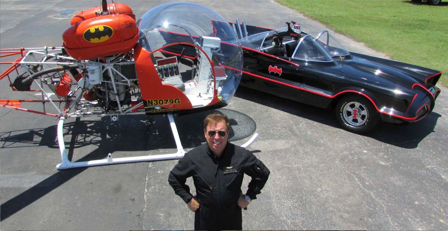 Eugene Nock with the original Batcopter and Batmobile.